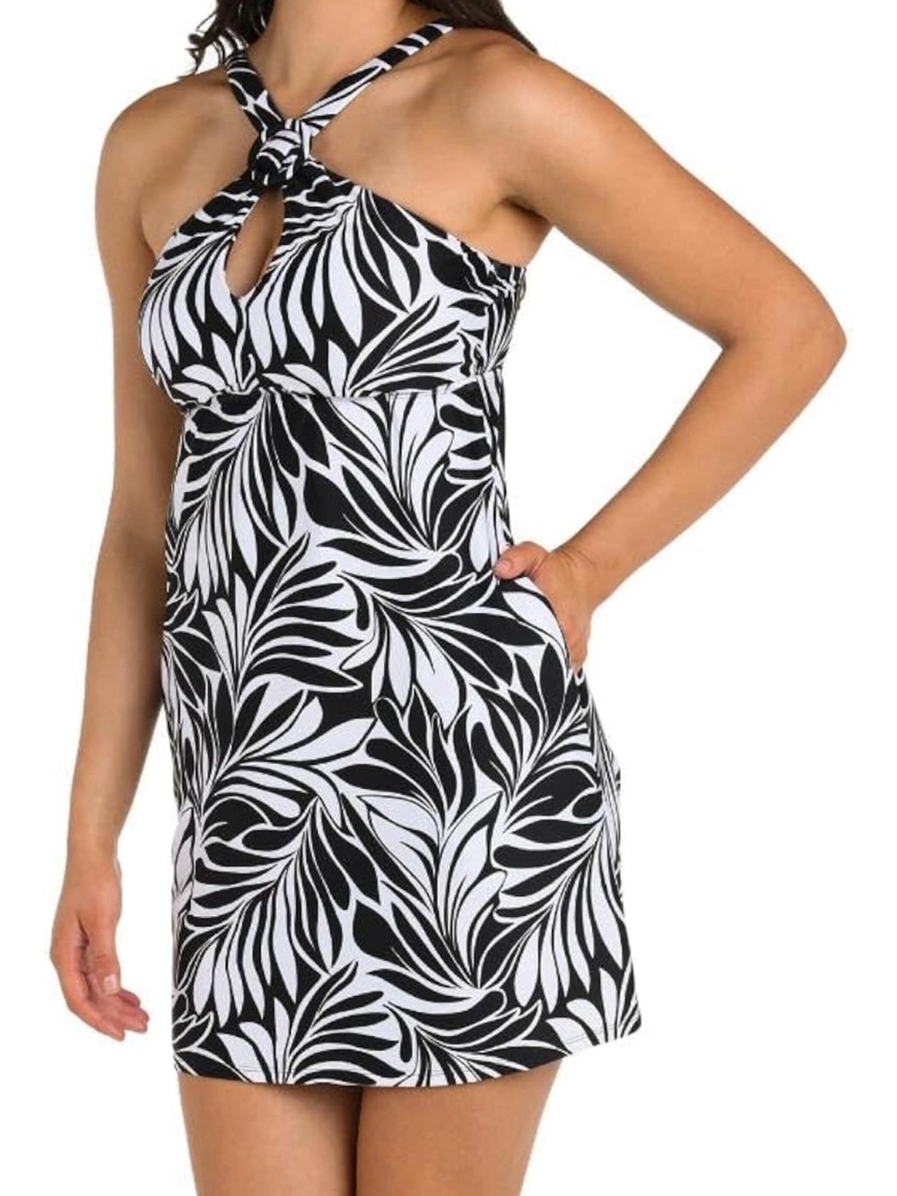 24th & Ocean Black & White Twist Halter Swimdress with Leaf Print